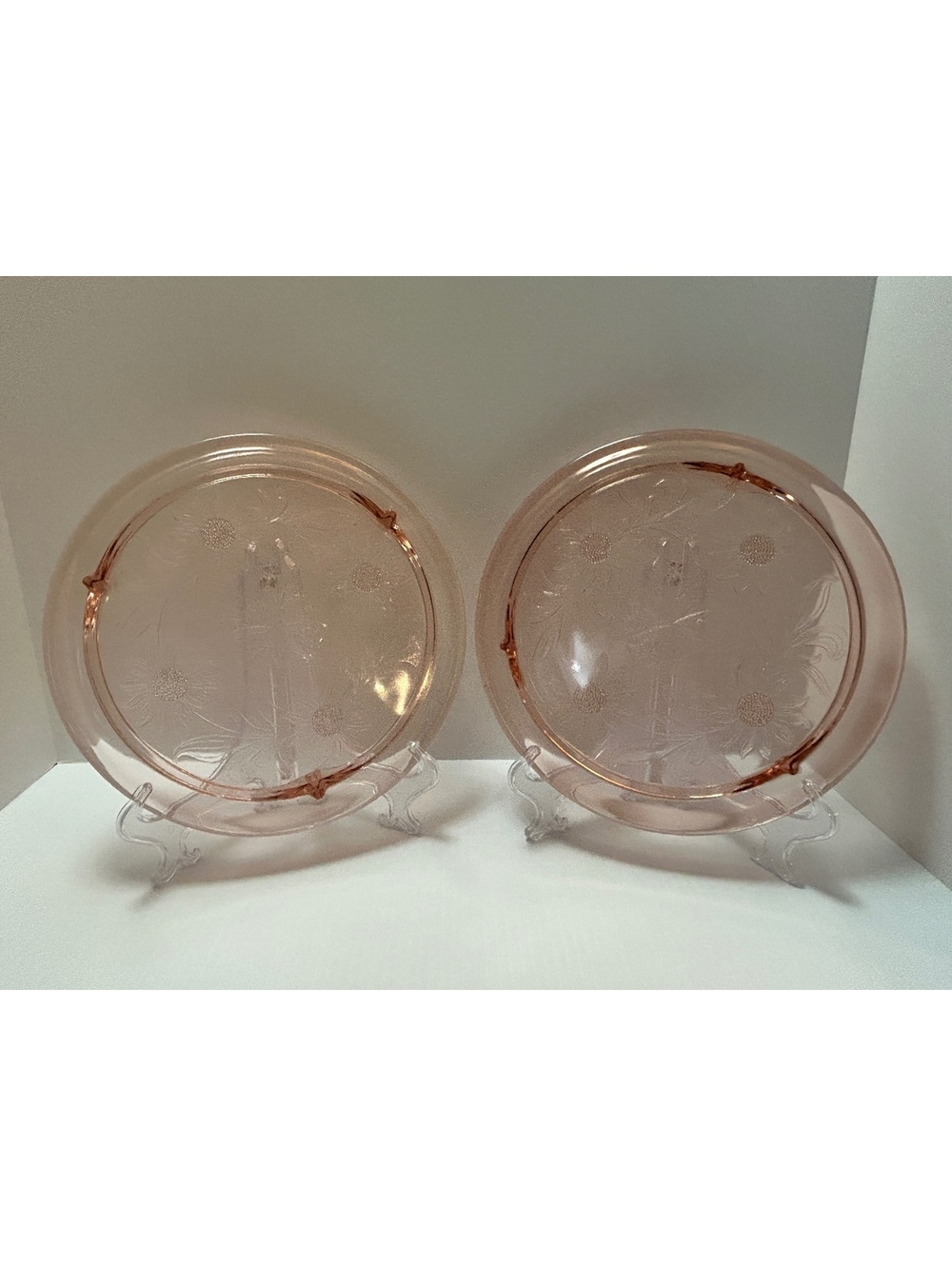 2 Jeanette Pink Depression Glass Footed Cake Plates Sunflower/Daisy
